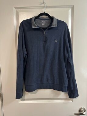 Ralph Lauren Navy Soft Touch 1/4 Zip Sweater with Gray Trim